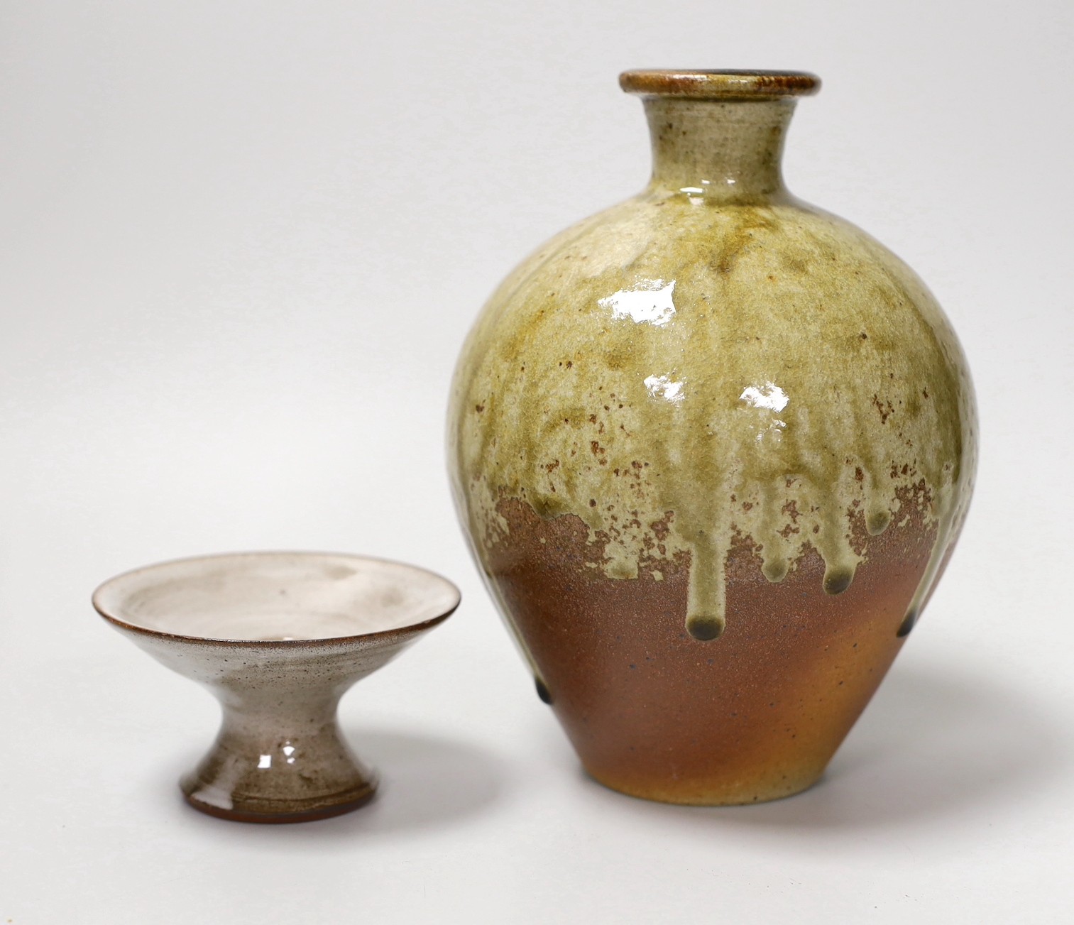 David Leach (1911-2005) small candlestick, together with a Nick Rees stoneware vase. Tallest 18cm